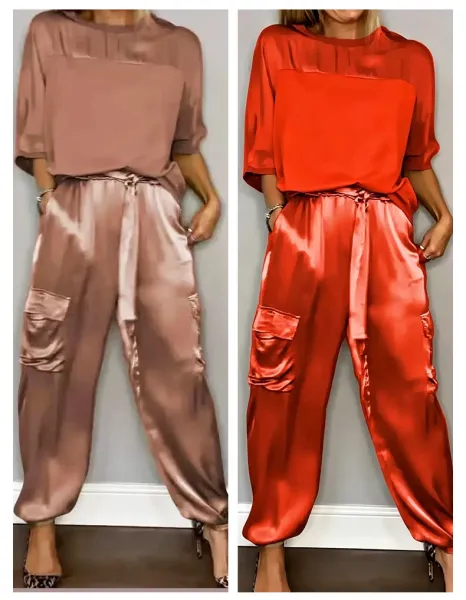 Silk Satin Cargo Joggers Gray Pants - 13