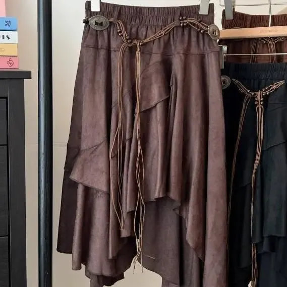 Boho Layered Asymmetrical Skirt in Brown with Rope Belt Detail - 1