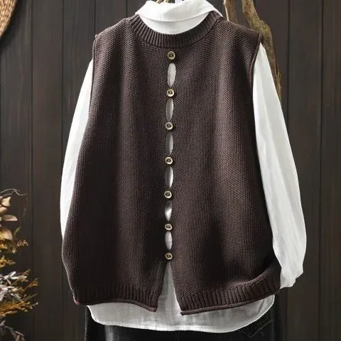 Knit Button-Front Vest in Brown with White Layered Shirt - 1