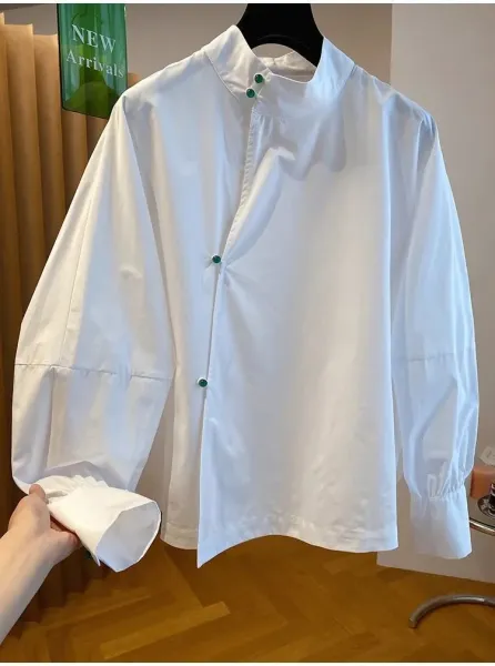 White Mandarin Collar Shirt with Green Buttons - 7