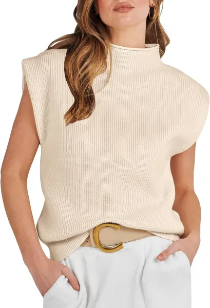 Ribbed Sleeveless Turtleneck Top in Pink Sweater - 7