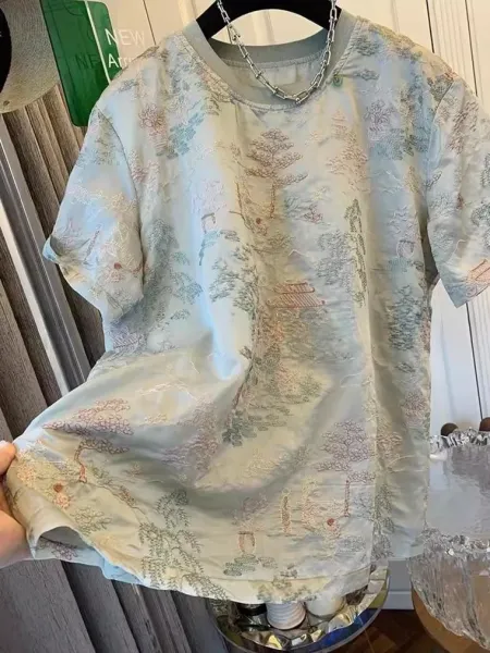 Design Embroidered Landscape Print T-Shirt in Pale Mint - 5