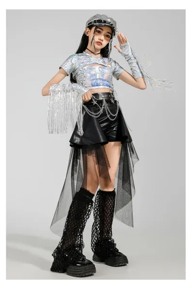 Custom Streetwear Set: Holographic Crop Top + Asymmetrical Tulle Shorts + Chain Waist Belt + Mesh Leg Warmers + Metallic Cap - 10