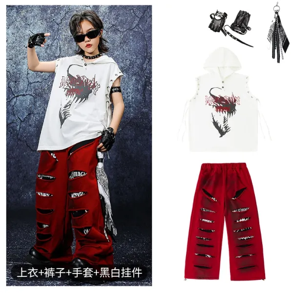 Design Streetwear Set: Dragon Print Hooded Vest + Distressed Red Pants + Black-White Accessories - 1
