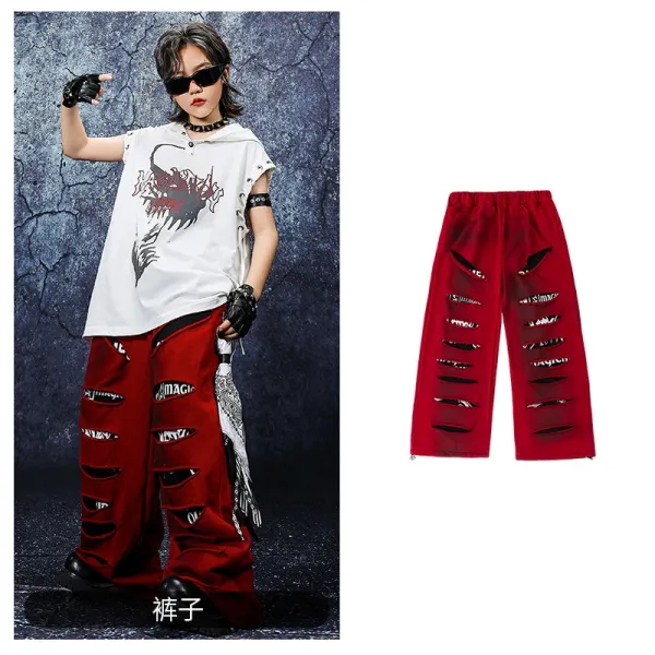 Design Streetwear Distressed Red Wide-Leg Pants with Printed Slits - 1