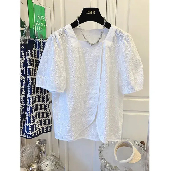 DHR Eyelet Lace Square-Neck Blouse White Top - 1