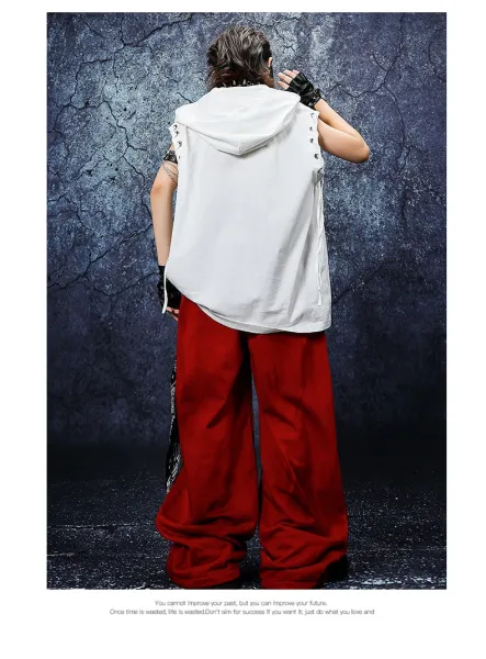Design Streetwear Set: Dragon Print Hooded Vest + Distressed Red Wide-Leg Pants + Black-White Tassel Pendant - 14