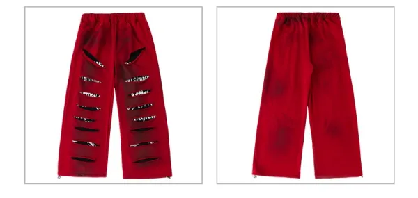 Design Streetwear Set: Dragon Print Hooded Vest + Distressed Red Wide-Leg Pants + Black-White Tassel Pendant - 16