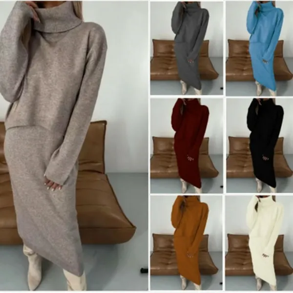Oversized Turtleneck Knit Dress Set Gray - 1