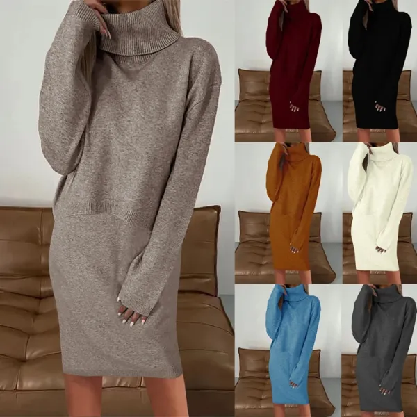 Knit Turtleneck Sweater Dress in Multiple Colors - 1