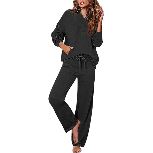 Design V-Neck Knit Lounge Set Black Casual Set - 1