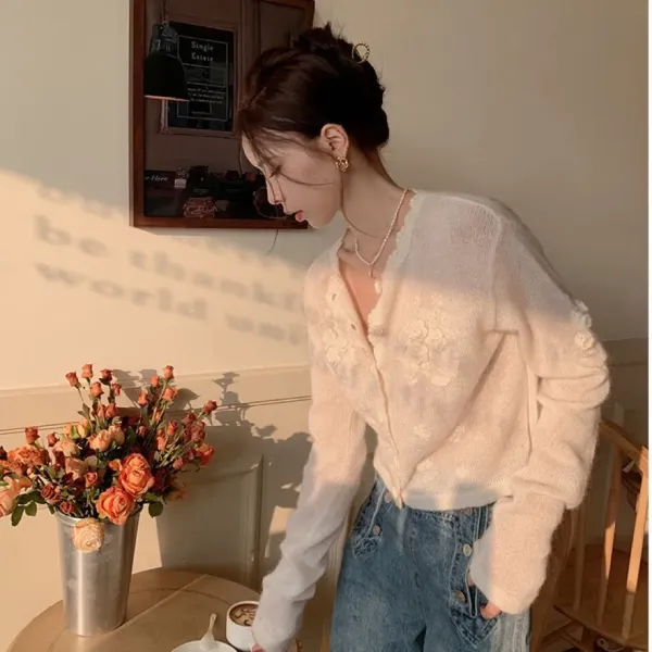 Elegant Floral Embroidered Sheer Knit Cardigan in Ivory - 7