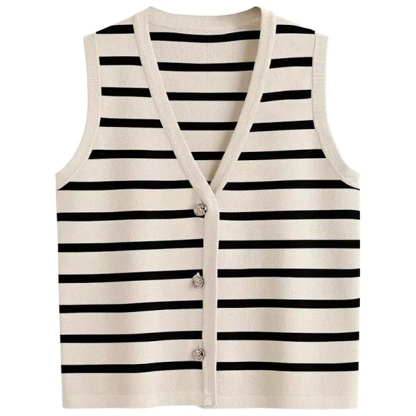 Striped Knit Vest Top in Beige and Black - 1