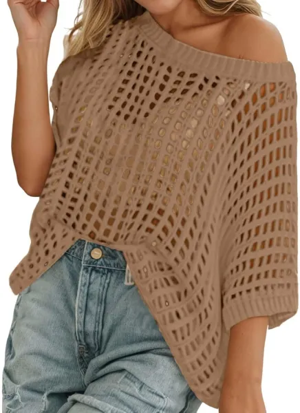 Brown Open-Knit Off-Shoulder Sweater - 6