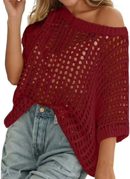 Brown Open-Knit Off-Shoulder Sweater - 10