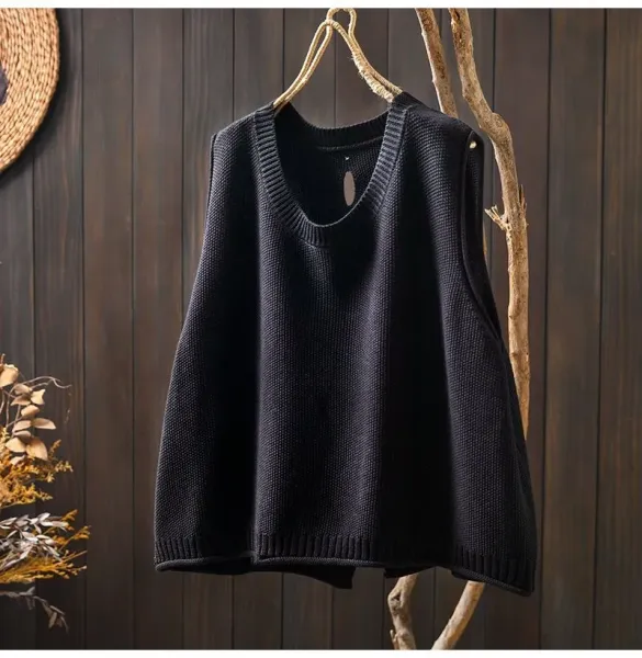 Knit Button-Front Vest Top in Black with Gold Buttons - 5