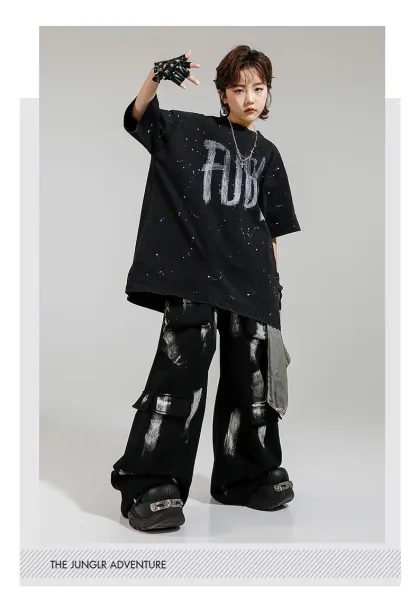 FUBG Graffiti Print Oversized T-Shirt and Cargo Pants Set Black - 13