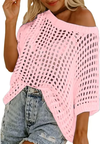 Brown Open-Knit Off-Shoulder Sweater - 12