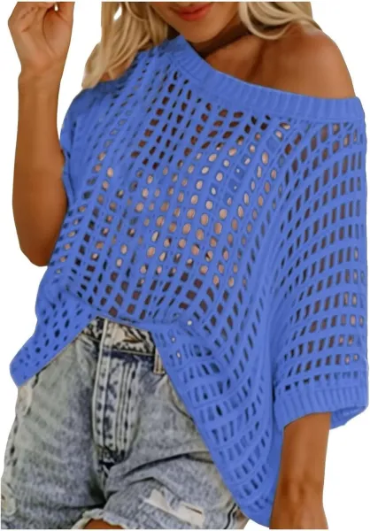 Brown Open-Knit Off-Shoulder Sweater - 13