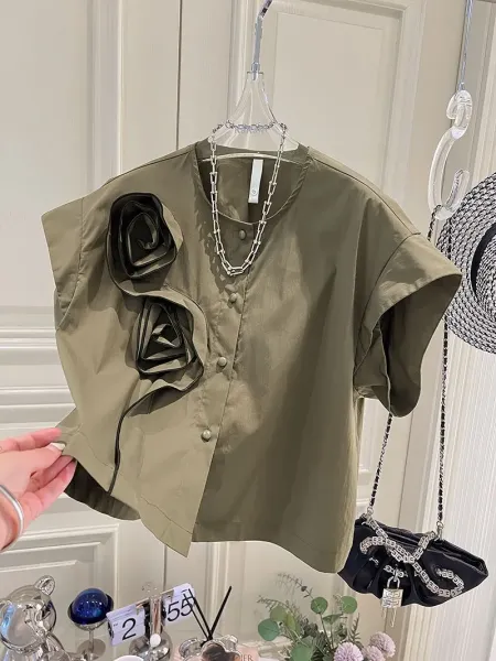 Olive Green Asymmetrical Rose-Embroidered Shirt Top - 2
