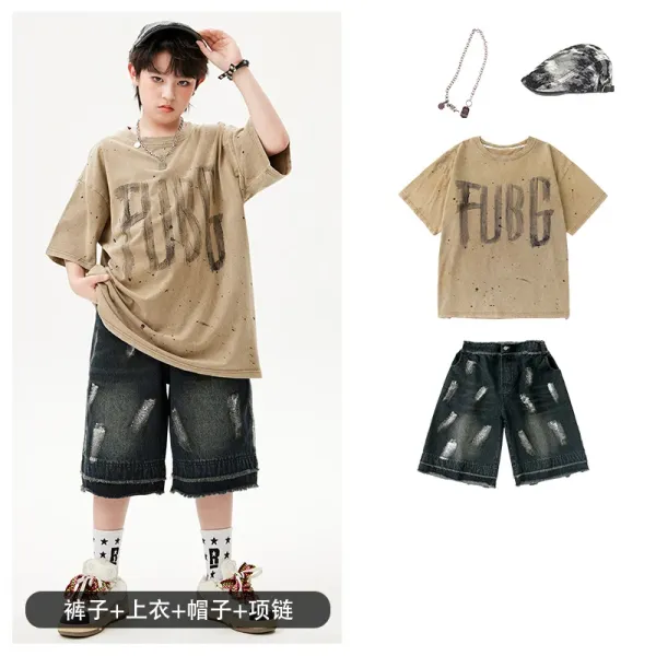 FUBG Graphic Print Oversized T-Shirt Beige + Distressed Denim Shorts Black + Camo Beret + Chain Necklace Set - 1