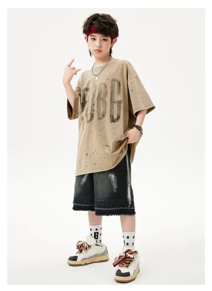PUBG x Streetwear Oversized Graphic Tee Beige + Distressed Denim Shorts Black + Camo Cap + Star Socks Set - 15