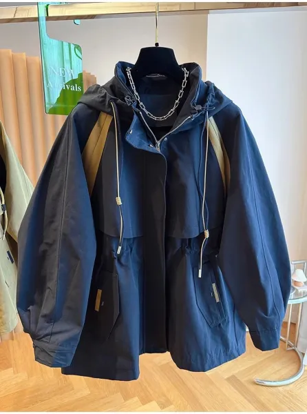 Design Utility Hooded Windbreaker Beige with Navy Panels Outerwear - 10