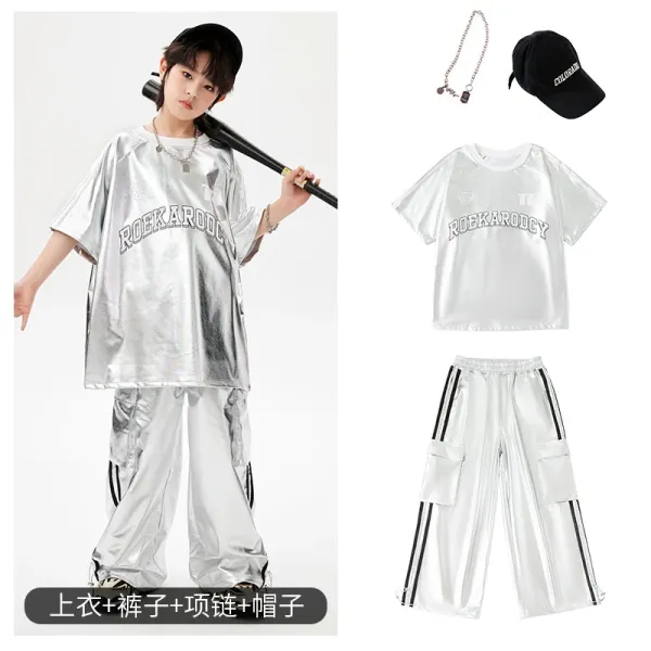 ROEKARODCY Metallic Oversized T-Shirt and Cargo Pants Set with Chain Necklace and Baseball Cap - 1