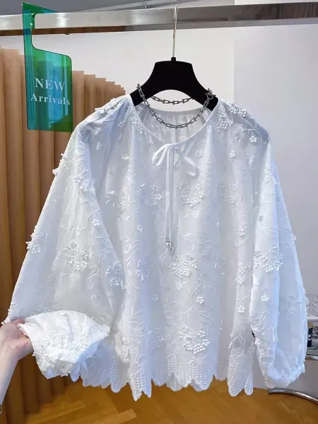 Embroidered Floral Lace Blouse White Tops - 2
