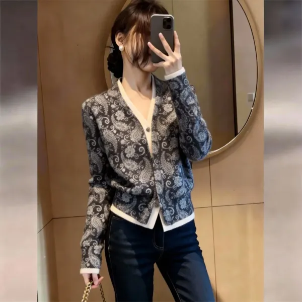 Paisley Print Knit Cardigan with Contrast Trim in Multicolor - 1
