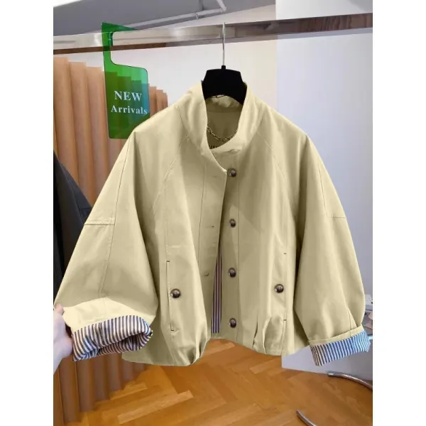 Design Oversized Cropped Jacket in Beige with Striped Cuff Detail Outerwear - 5