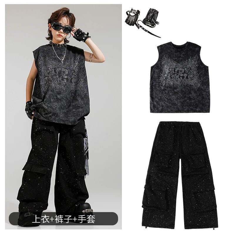 Design Streetwear Set: Acid Wash Sparkle Vest Top + Cargo Pants + Fingerless Gloves Black - 1