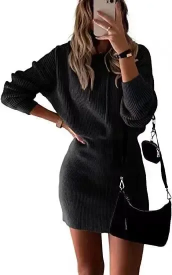 Black Ribbed Knit Mini Dress with Long Sleeves - 1