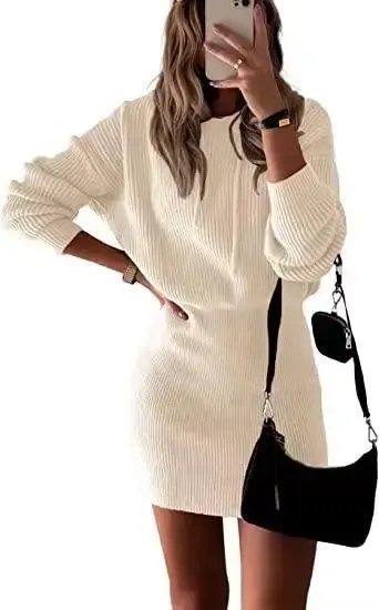 Ribbed Knit Mini Dress in Cream with Black Crossbody Bag - 1