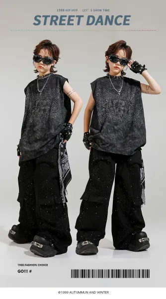 Design Streetwear Set: Acid Wash Sparkle Vest Top + Cargo Pants + Fingerless Gloves Black - 2