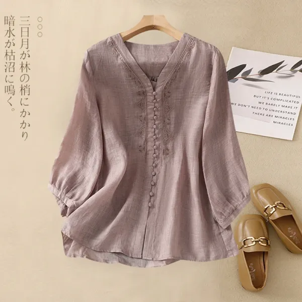 Embroidered Linen V-Neck Blouse in Mauve Pink Shirt - 1