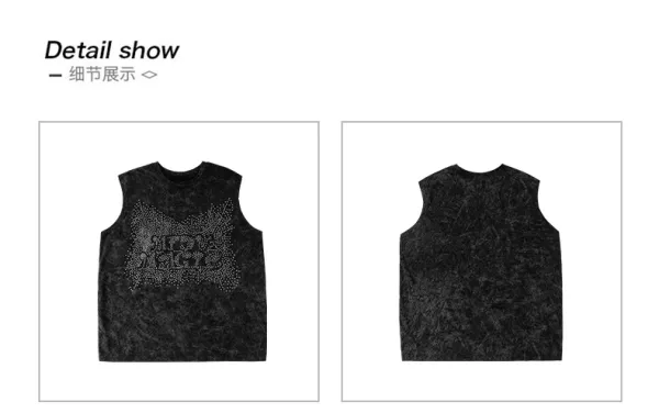 Design Streetwear Set: Acid Wash Sparkle Vest Top + Cargo Pants + Fingerless Gloves Black - 16