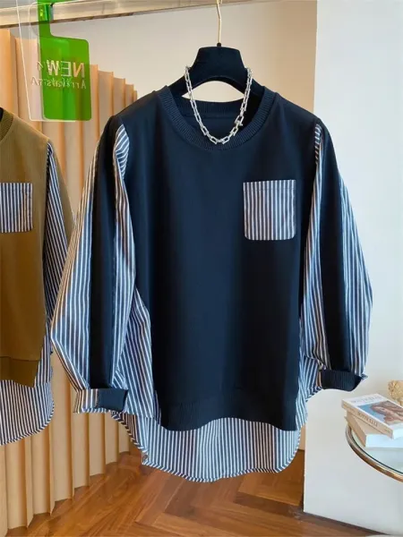 Oversized Layered Knit Top with Striped Sleeve and Pocket in Olive Brown - 3