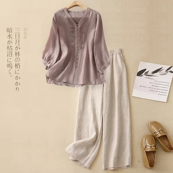 Linen Blend V-Neck Shirt and Wide-Leg Pants Set in Mauve and Beige - 1