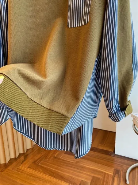 Oversized Layered Knit Top with Striped Sleeve and Pocket in Olive Brown - 8