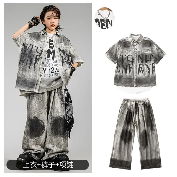 HECOOLEST Distressed Graphic Shirt and Tie-Dye Pants Set Gray Multicolor Clothing Set - 1