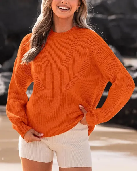 Oversized Ribbed Knit Sweater and High-Waisted Shorts Set Beige Cream - 7