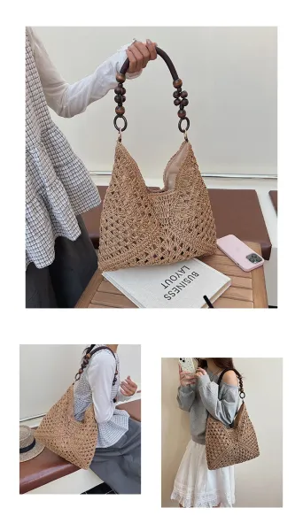 Handwoven Crochet Hobo Bag Beige-Brown Natural Fiber Shoulder Bag - 11