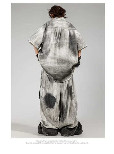 HECOOLEST Distressed Graphic Shirt and Tie-Dye Pants Set Gray - 14