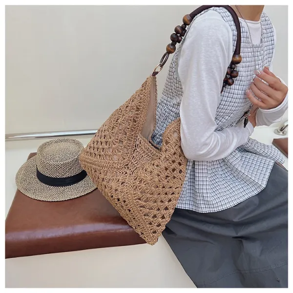 Handwoven Crochet Hobo Bag Beige-Brown Natural Fiber Shoulder Bag - 18