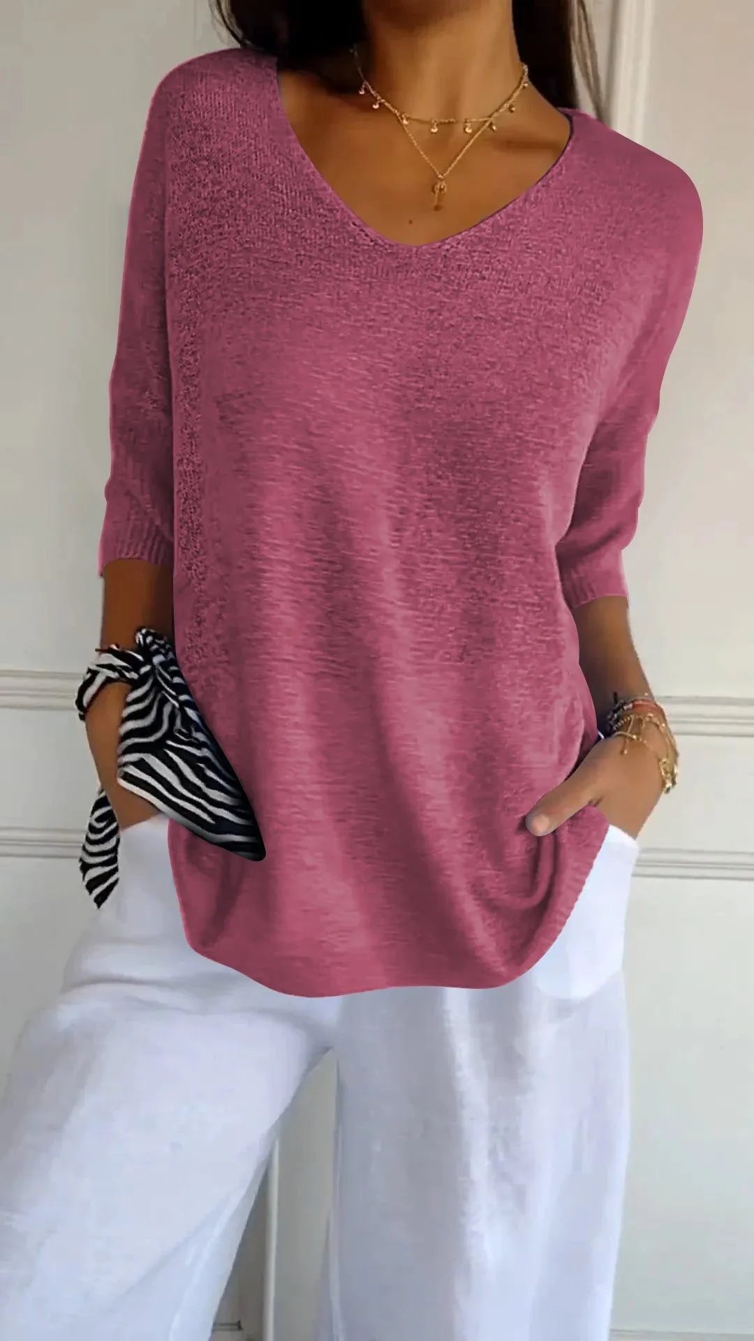 Design V-Neck Slub Knit Top Pink Sweater