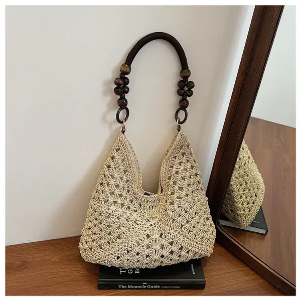 Handwoven Crochet Hobo Bag Beige-Brown Natural Fiber Shoulder Bag - 25