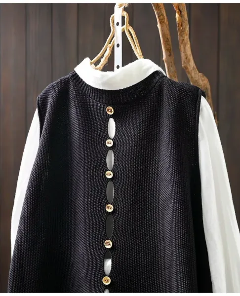 Knit Button-Front Vest Top in Black with Gold Buttons - 17