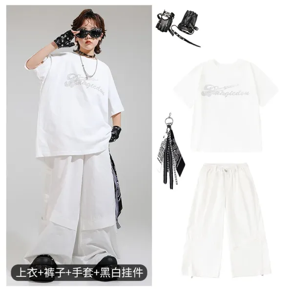 Magicidou Oversized Graphic T-Shirt and Wide-Leg Pants Set with Bandana Gloves in White and Black - 1