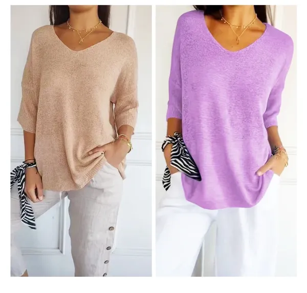 Blue V-Neck Knit Sweater Top with Ribbed Cuffs - 16